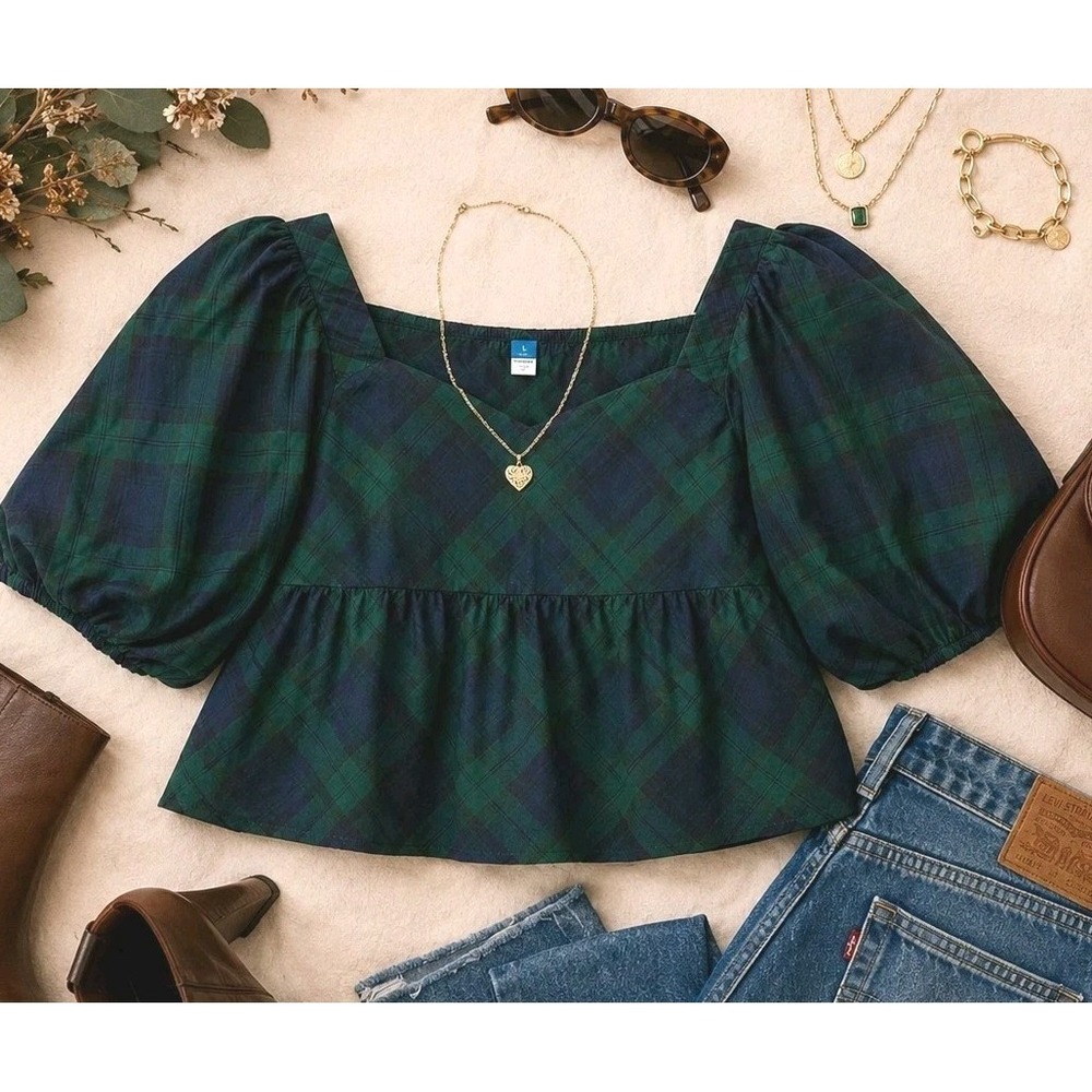 NWT Old Navy Plaid Babydoll Top L Puff Sleeve Peplum Cottagecore Coquette